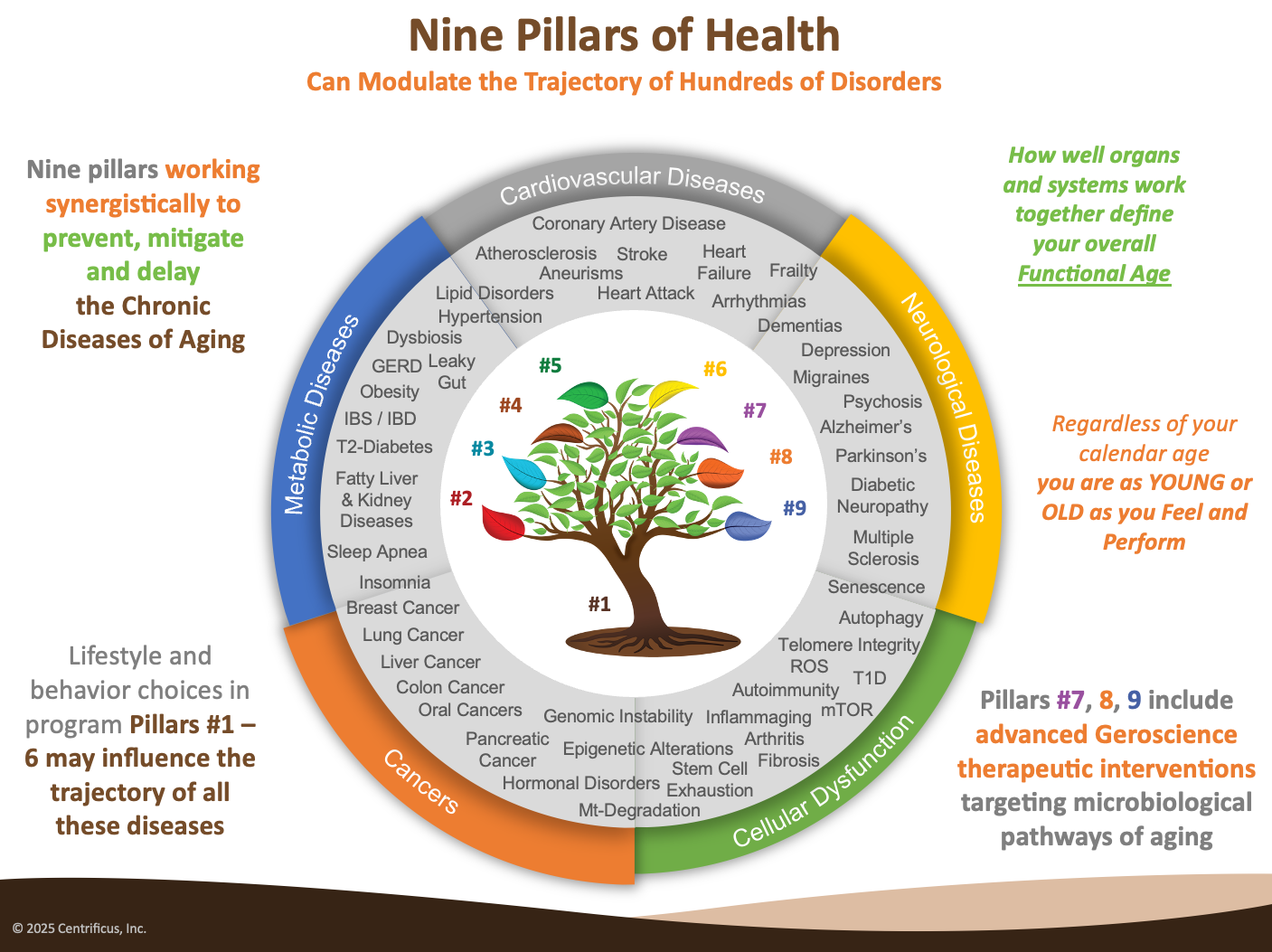 Infographic showing the Nine Pillars of Health and their role in preventing, mitigating, and delaying chronic diseases of aging, including metabolic, cardiovascular, neurological, cancer-related, and cellular dysfunction conditions