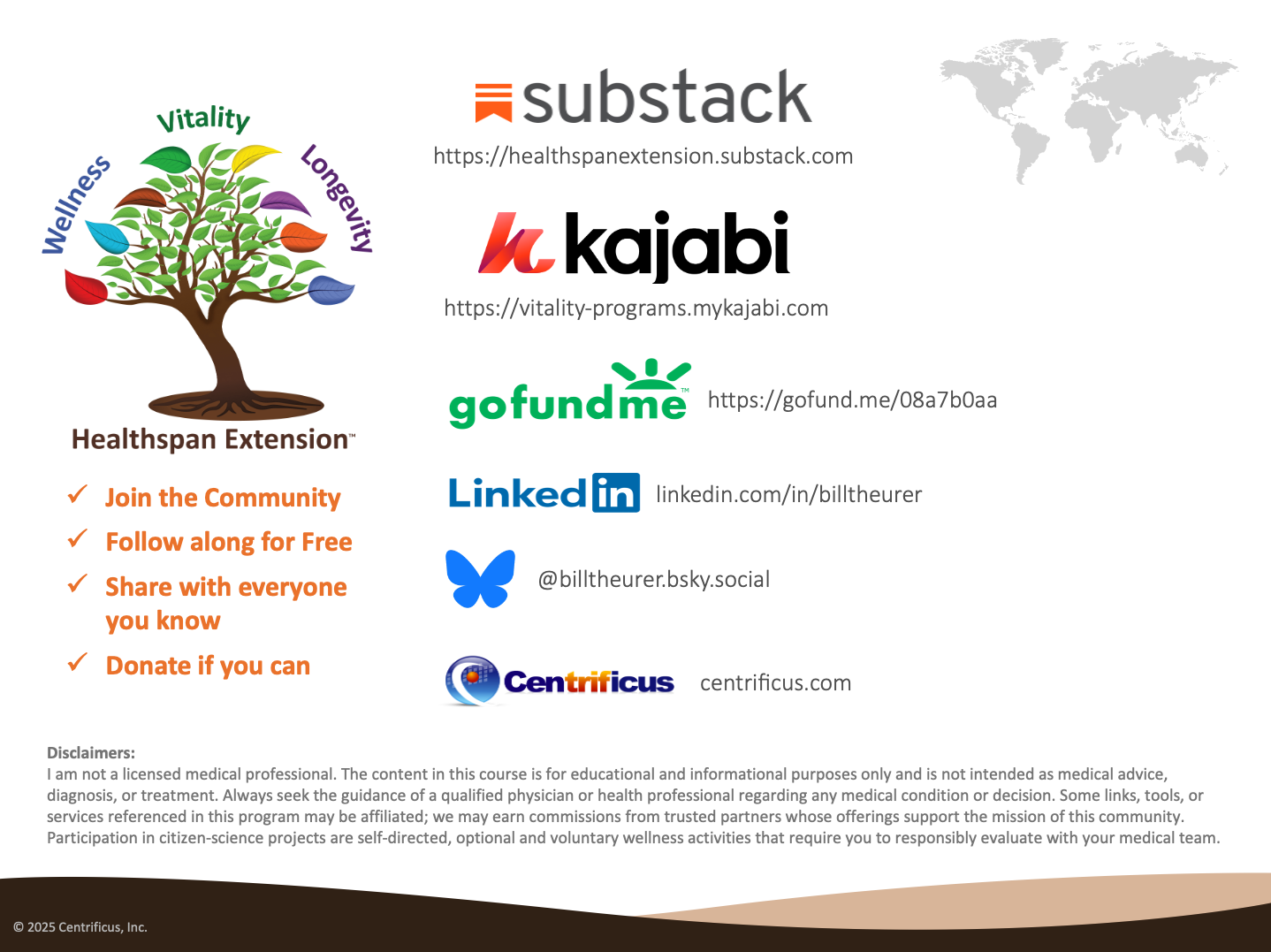 Closing slide with links to the Substack Newsletter, Kajabi Courses, gofundeme, Linkedin Profile, Bluesky, and Centrificus, iInc.